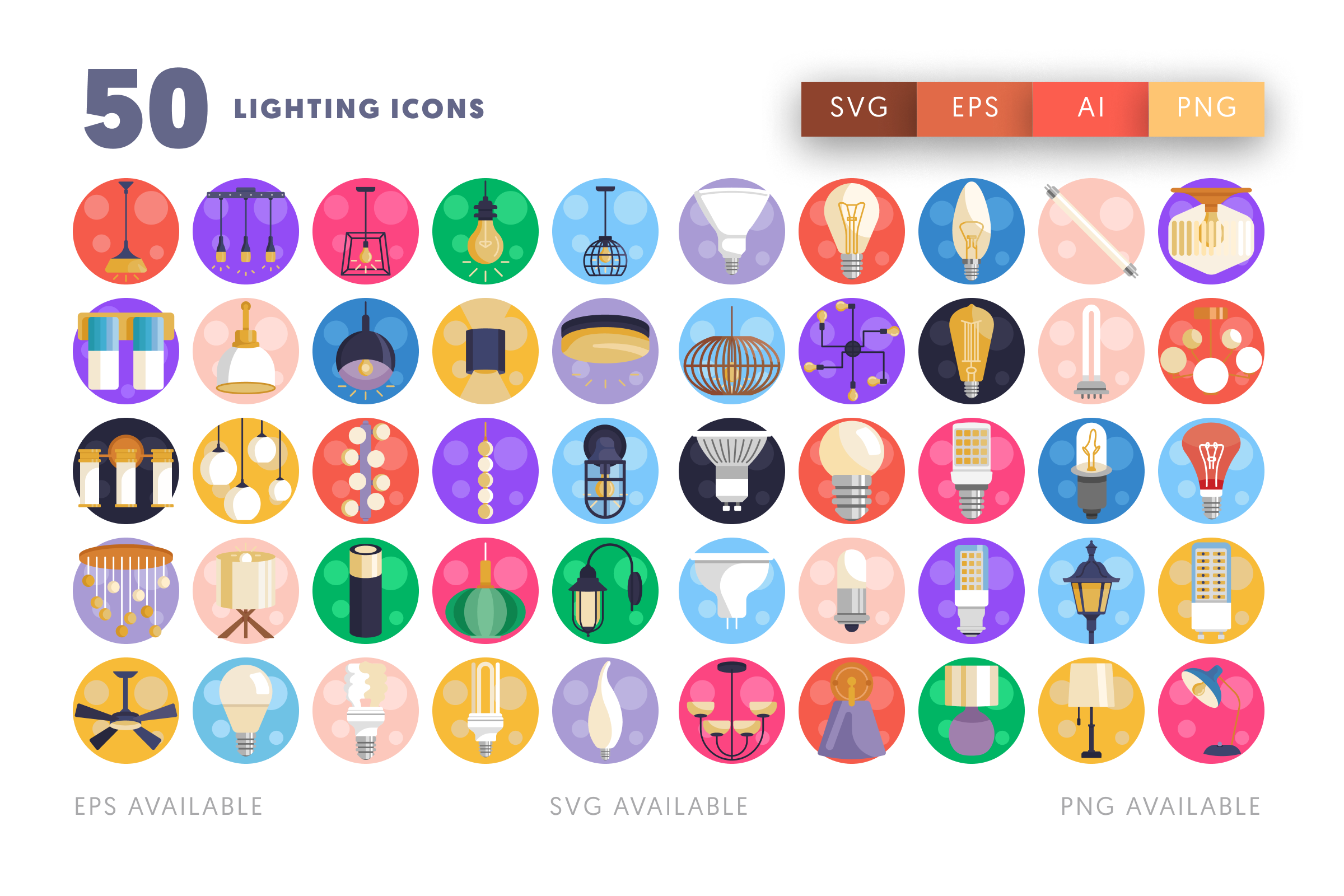 50 Lighting Icons – flat circle icon set