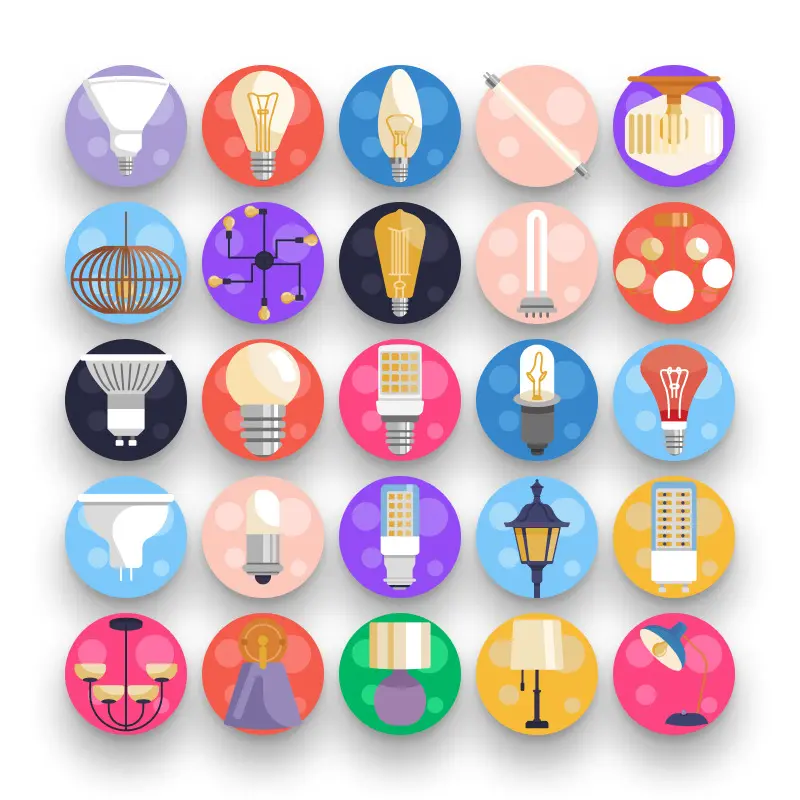 50 Lighting Icons – set of colorful flat circle icons