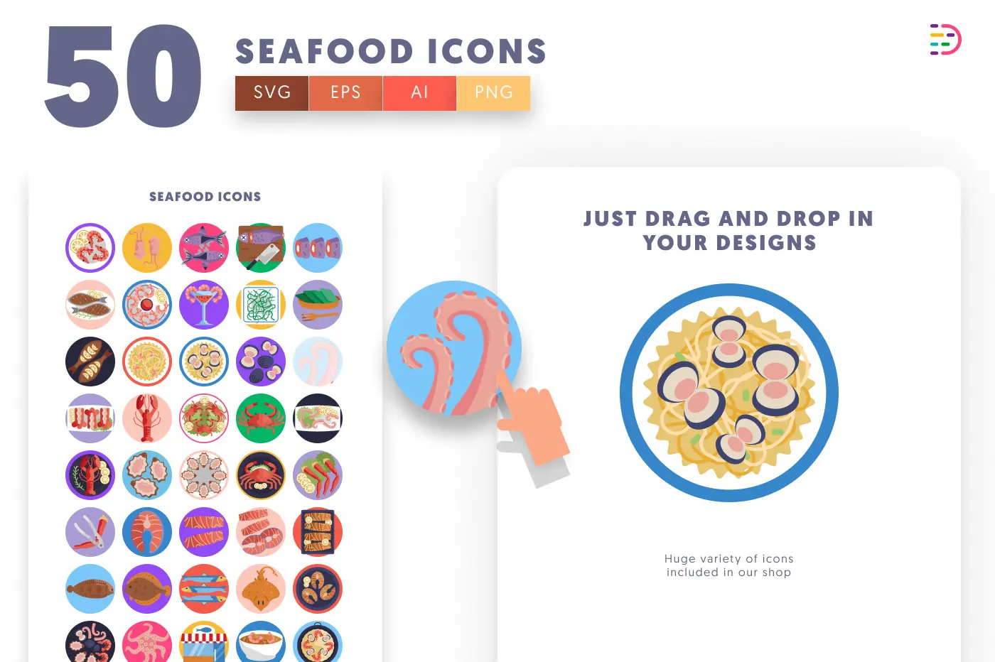 50 Seafood Icons preview 1 – flat circle icons in PNG, SVG and EPS