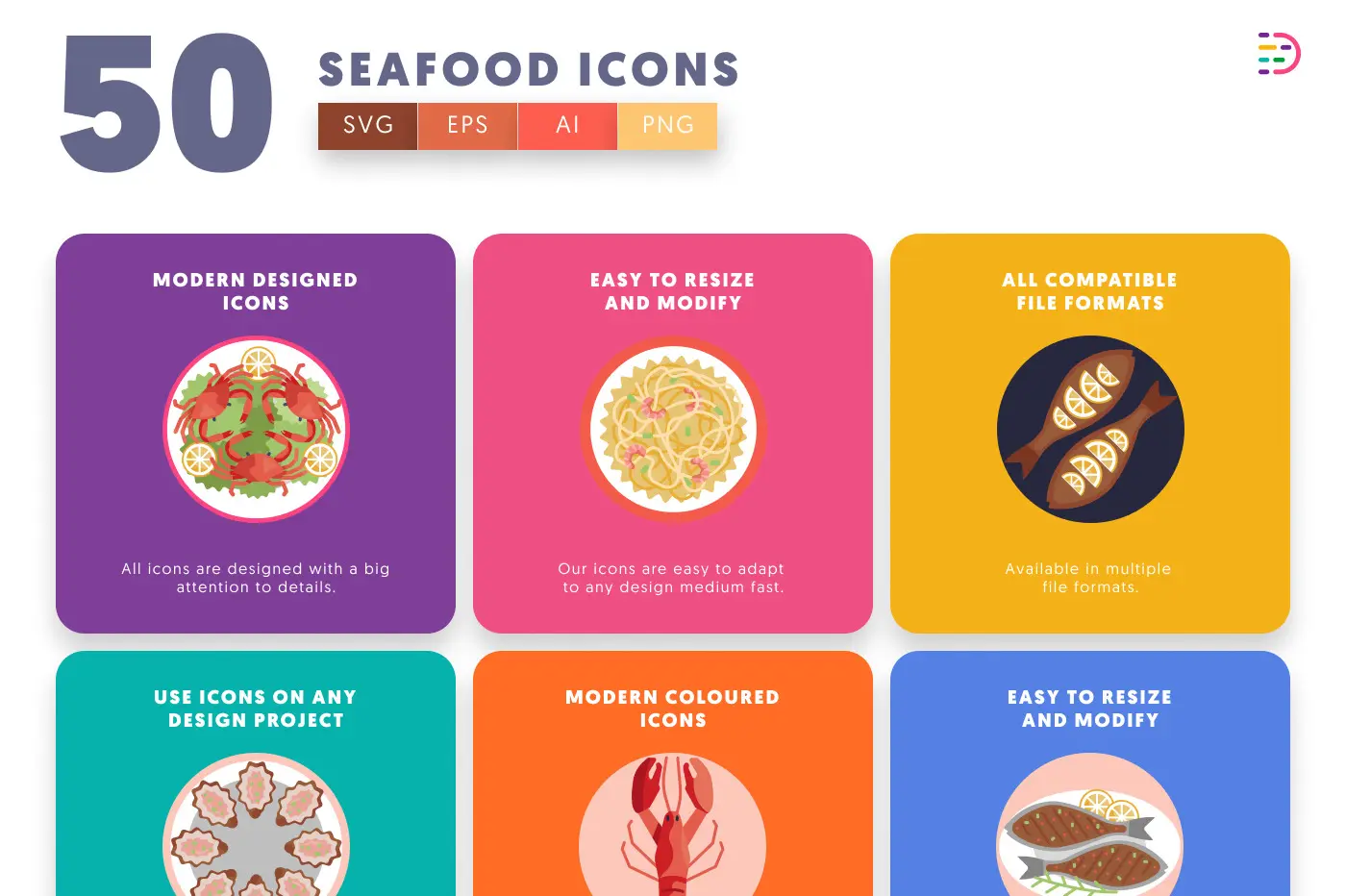 50 Seafood Icons preview 5 – flat circle icons in PNG, SVG and EPS