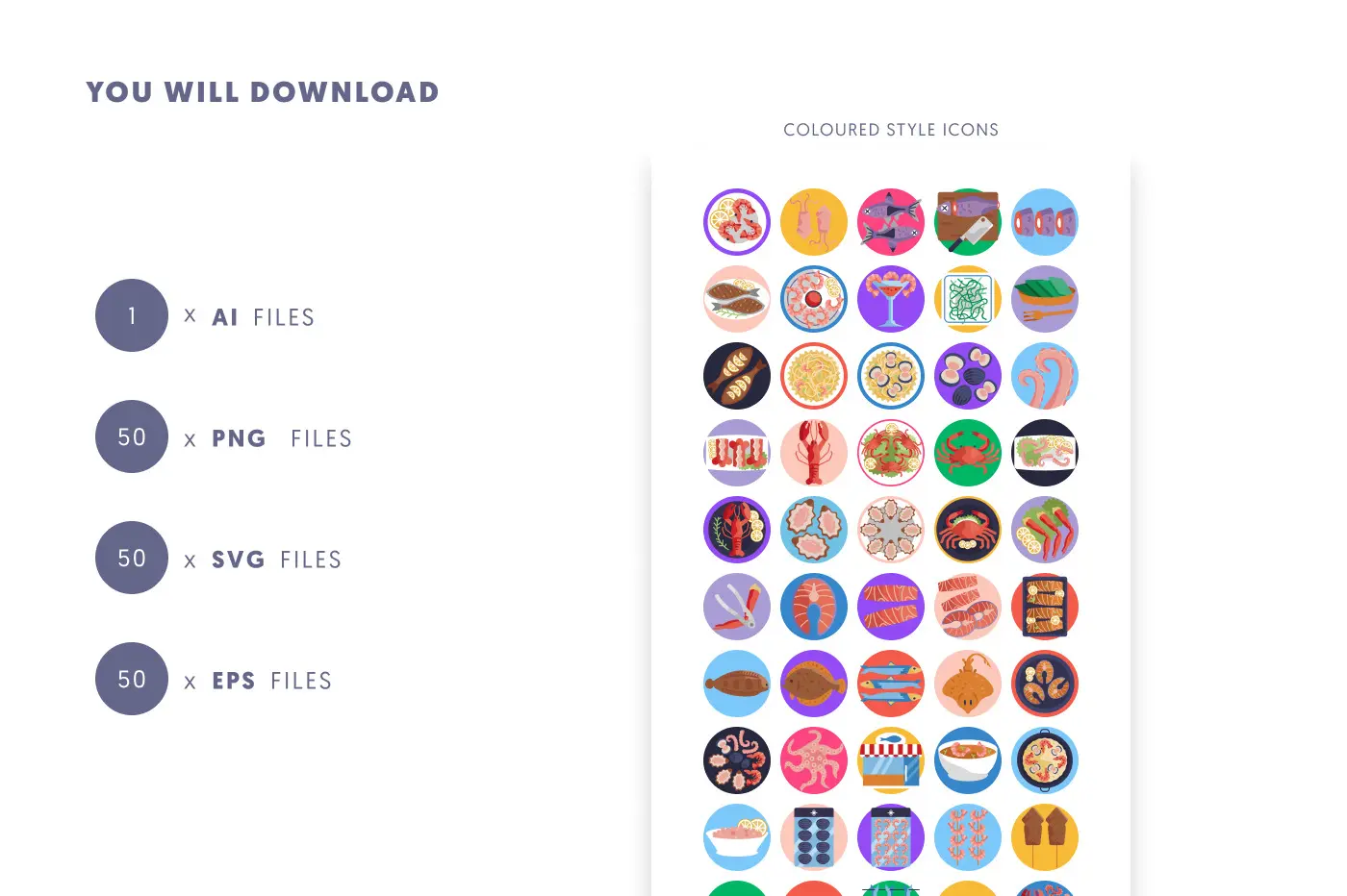 50 Seafood Icons preview 9 – flat circle icons in PNG, SVG and EPS