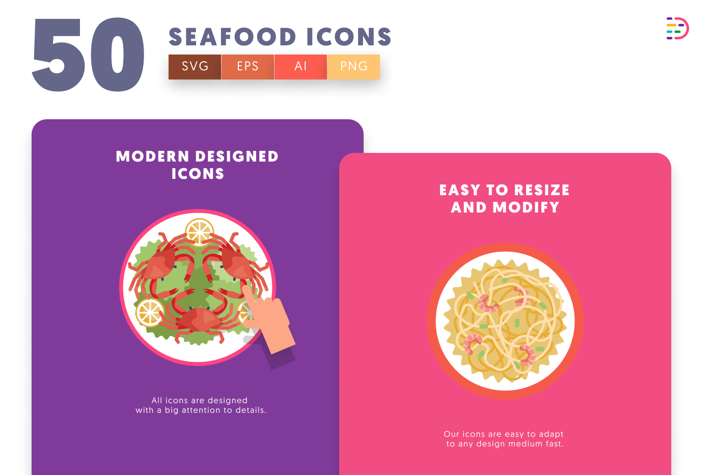 50 Seafood Icons cover – flat circle icons in PNG, SVG and EPS