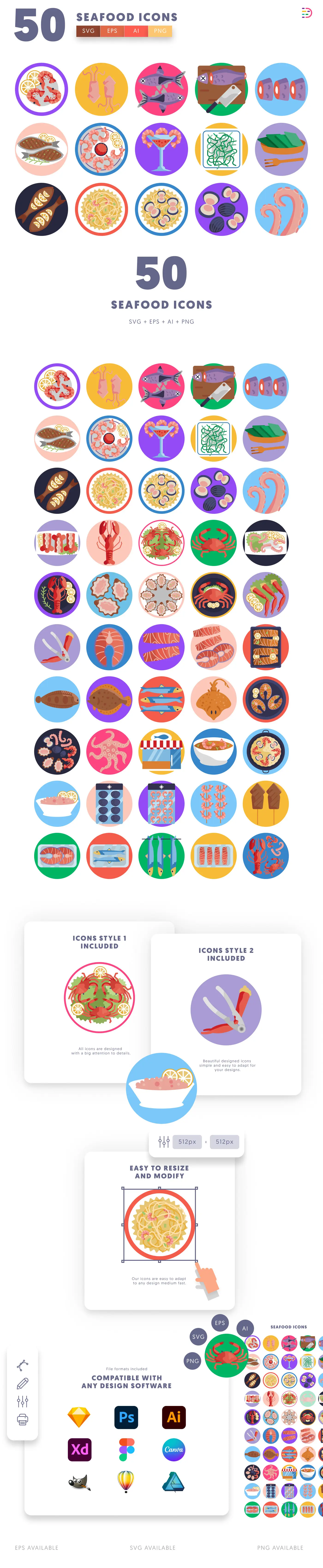 50 Seafood Icons cover – flat circle icons in PNG, SVG and EPS