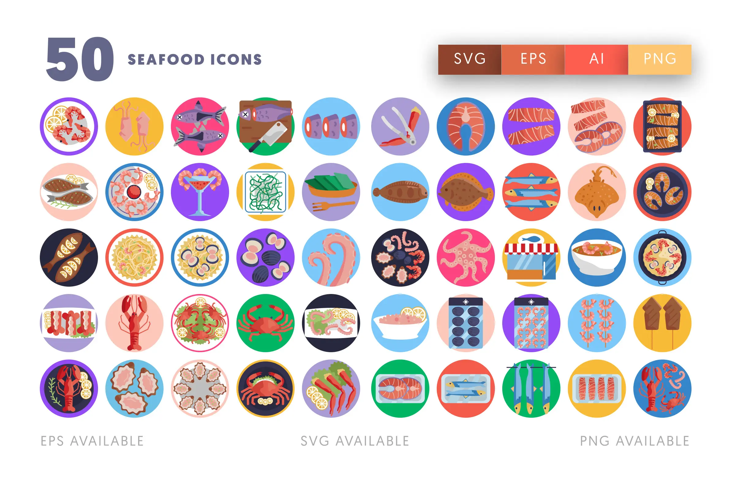 50 Seafood Icons – flat circle icon set