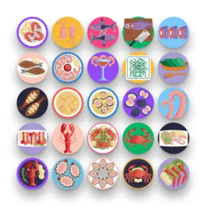 50 Seafood Icons – set of colorful flat circle icons
