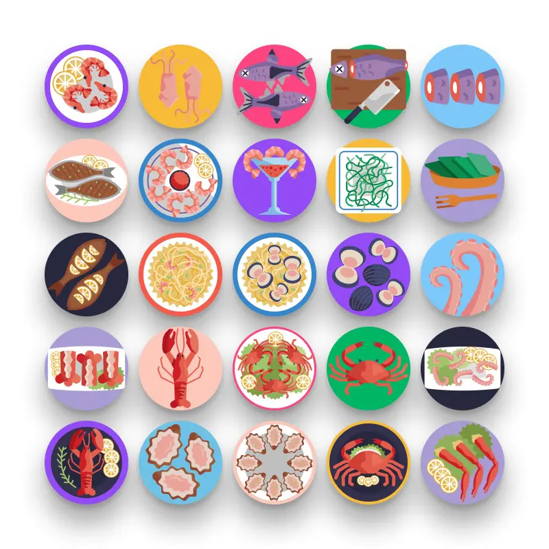 50 Seafood Icons – set of colorful flat circle icons