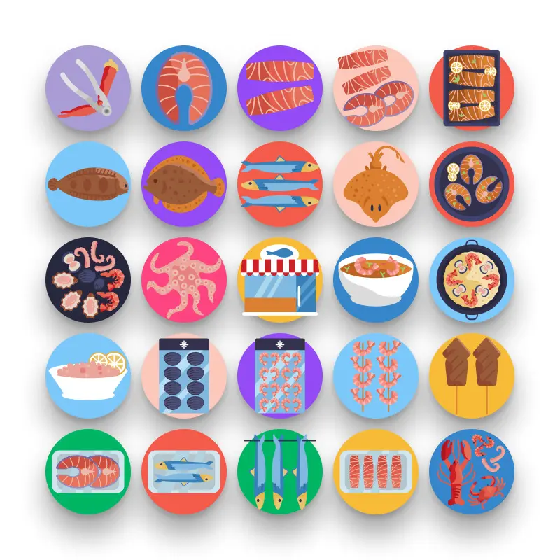 50 Seafood Icons – set of colorful flat circle icons