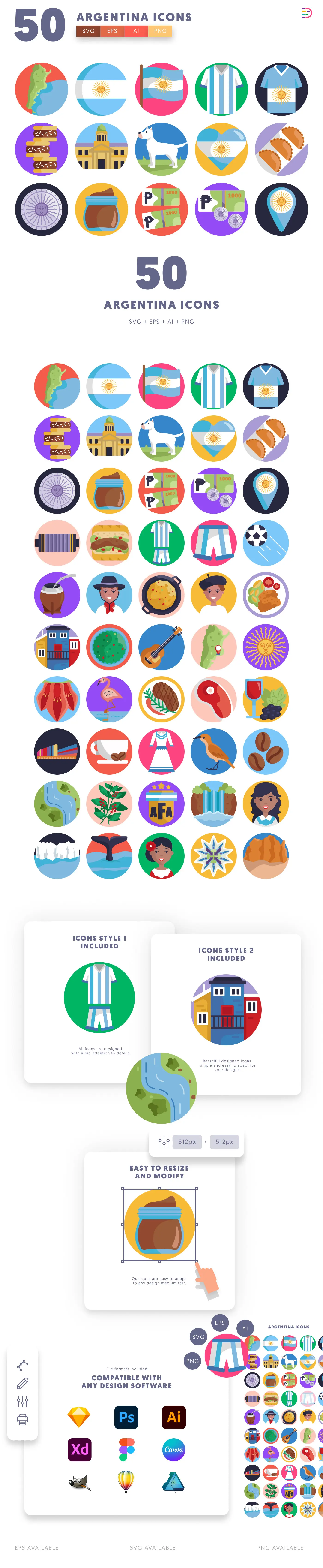 50 Argentina Icons cover – flat circle icons in PNG, SVG and EPS