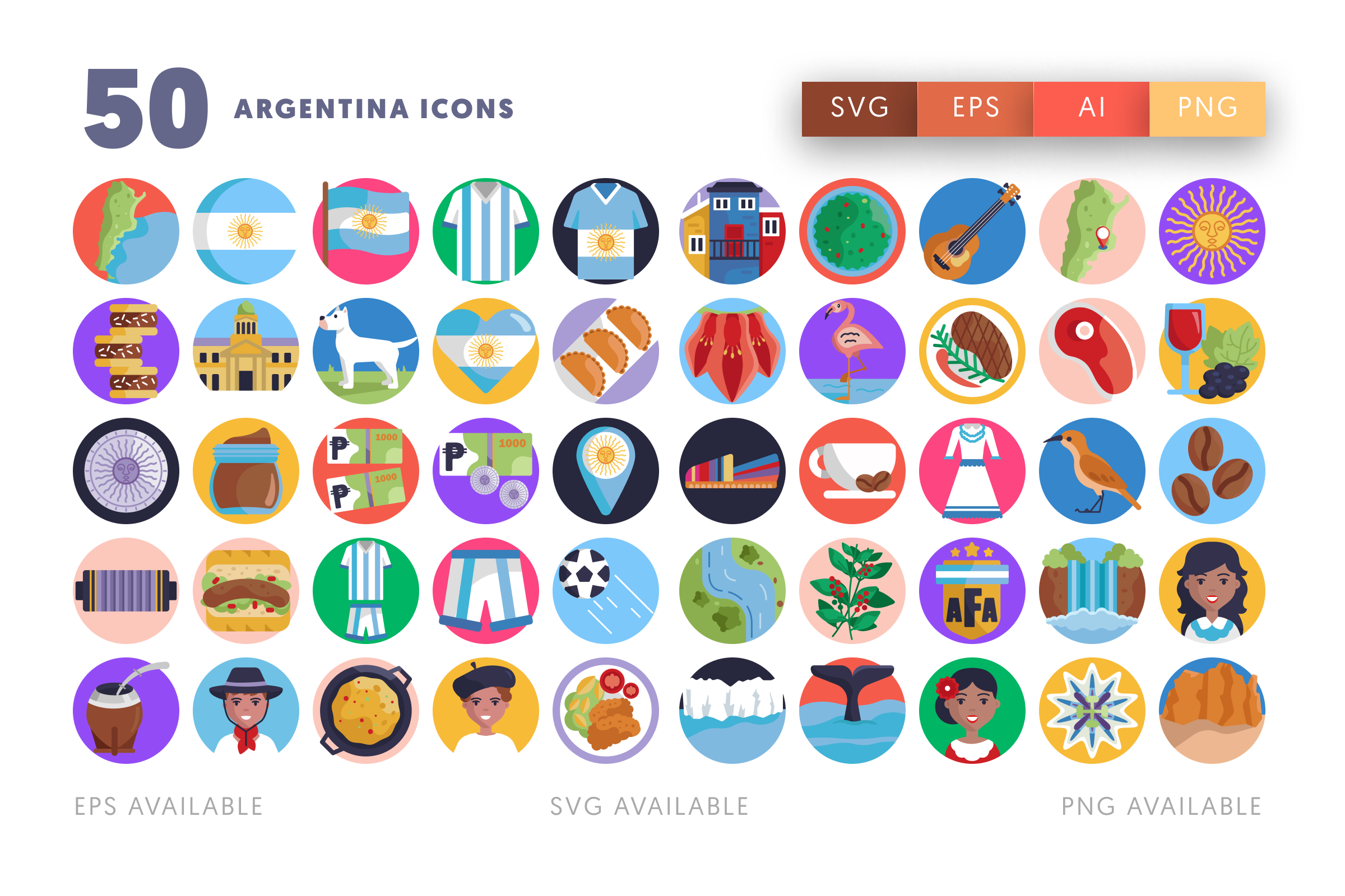 50 Argentina Icons – flat circle icon set
