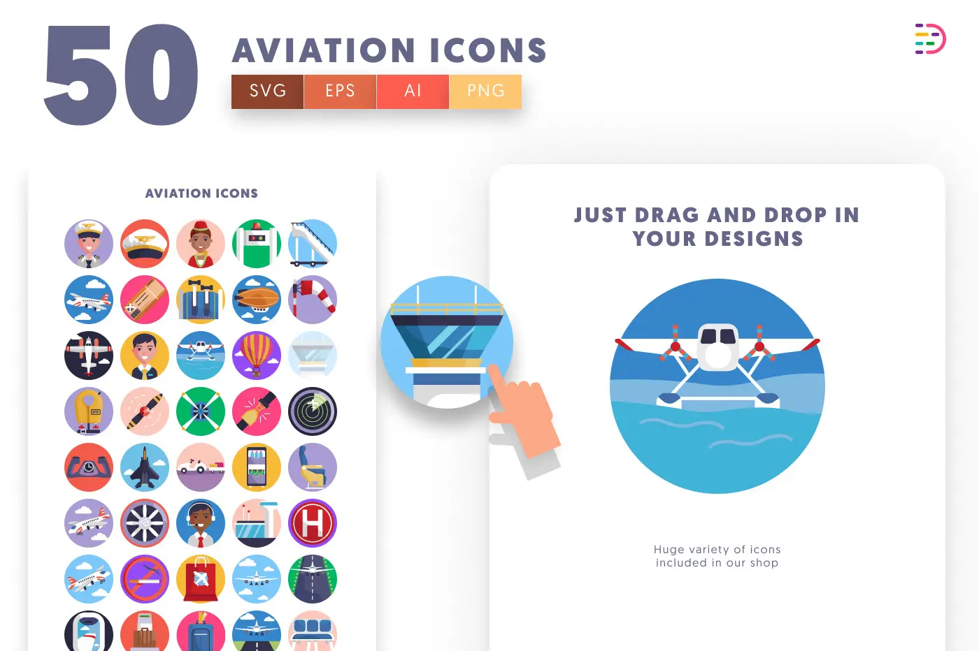 50 Aviation Icons preview 1 – flat circle icons in PNG, SVG and EPS