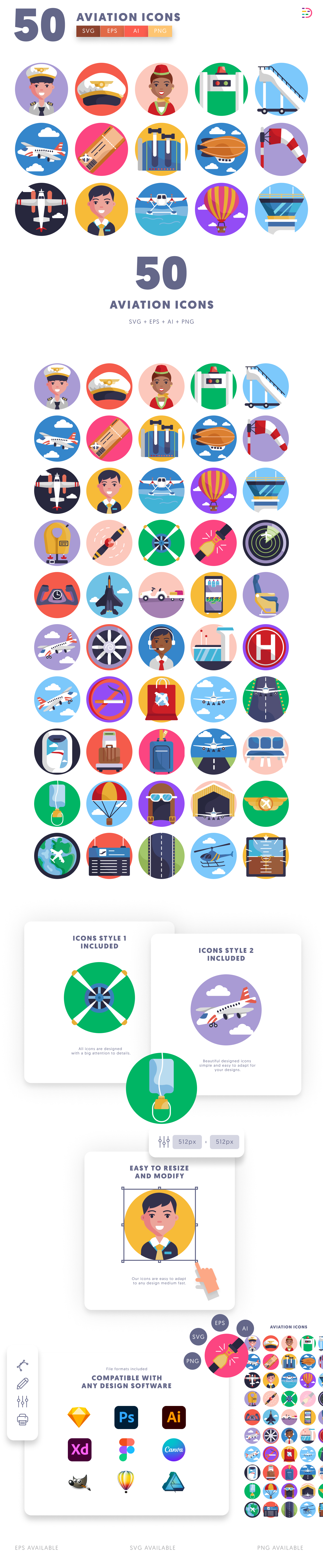 50 Aviation Icons preview 1 – flat circle icons in PNG, SVG and EPS