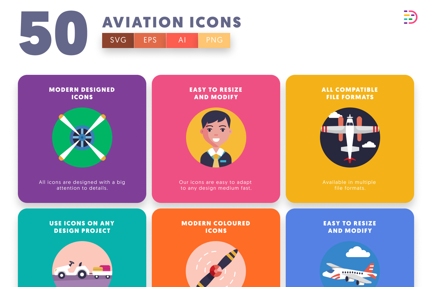50 Aviation Icons preview 5 – flat circle icons in PNG, SVG and EPS