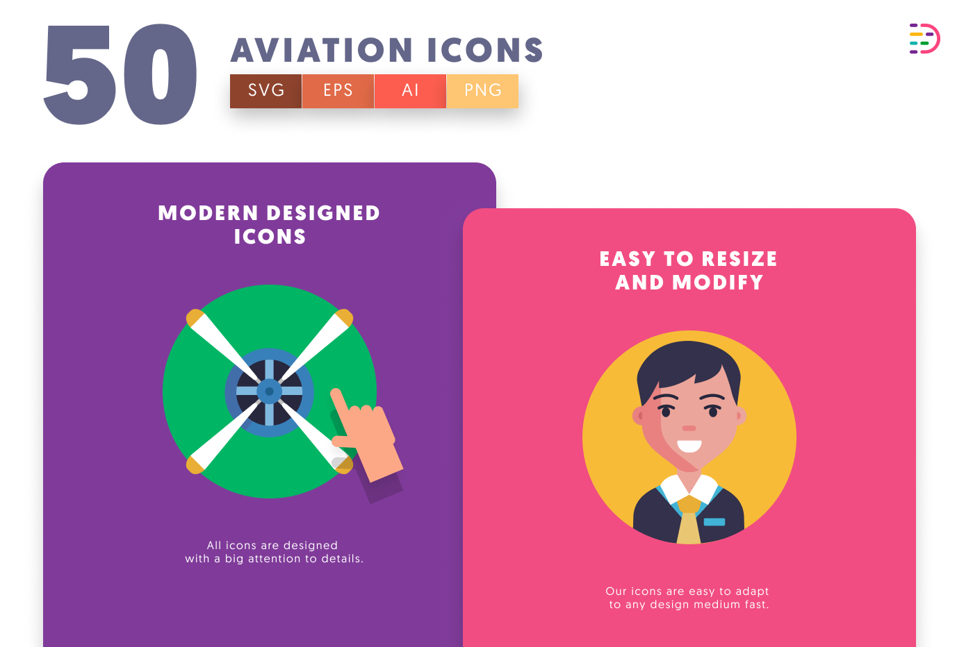 50 Aviation Icons cover – flat circle icons in PNG, SVG and EPS