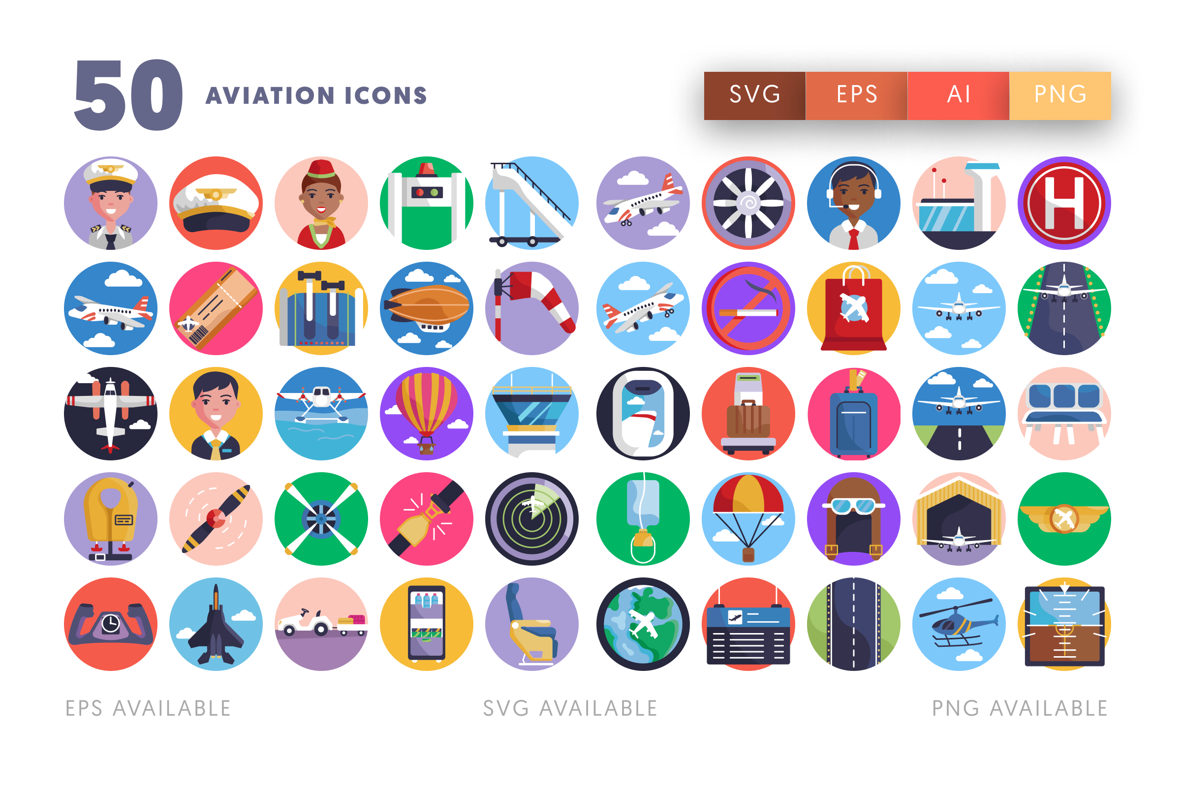 50 Aviation Icons – flat circle icon set