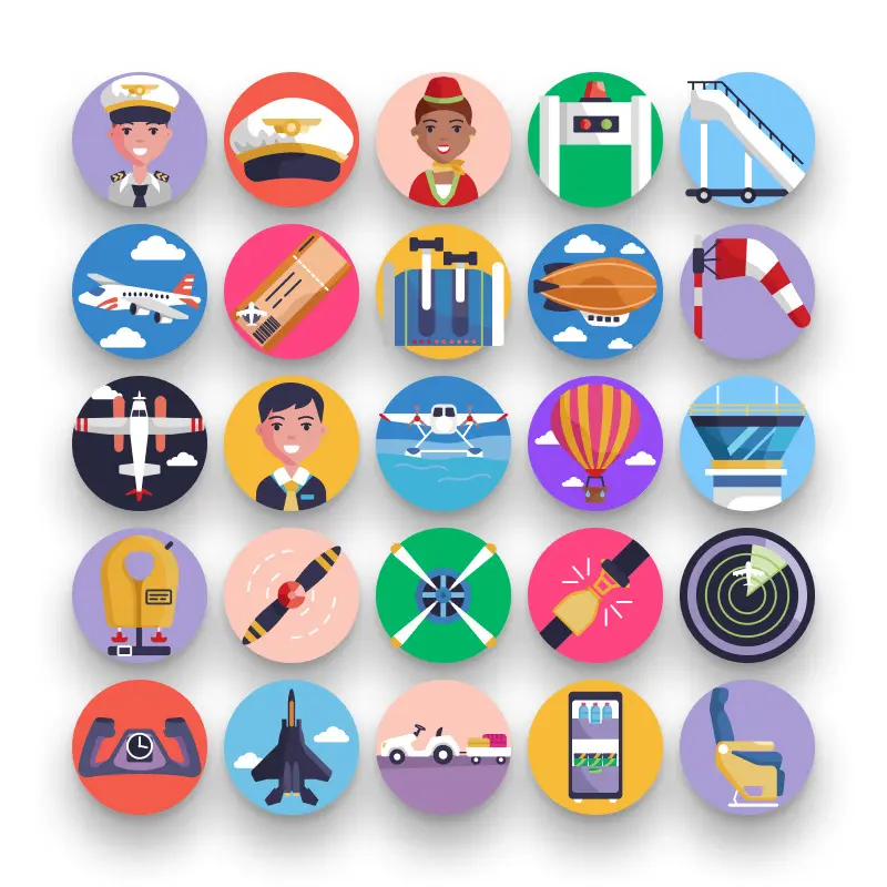 50 Aviation Icons – set of colorful flat circle icons