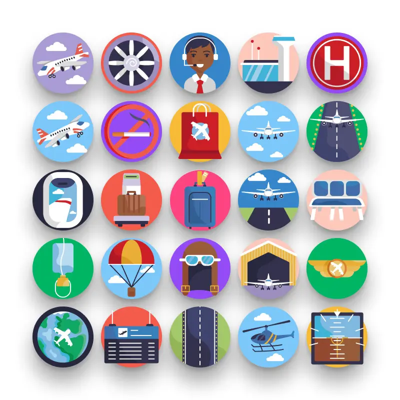 50 Aviation Icons – set of colorful flat circle icons