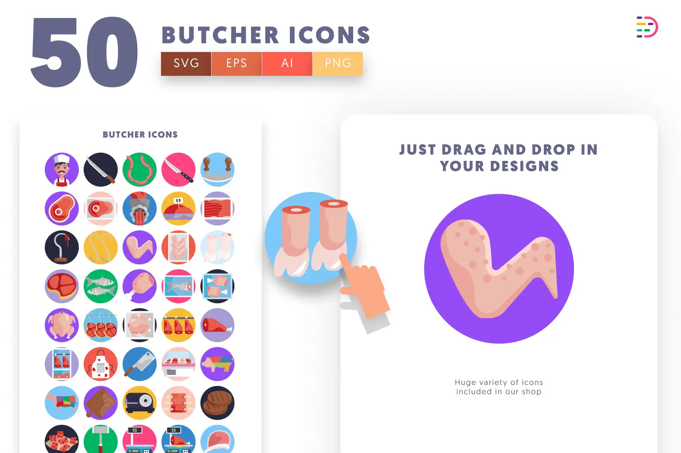 50 Butcher Icons preview 1 – flat circle icons in PNG, SVG and EPS