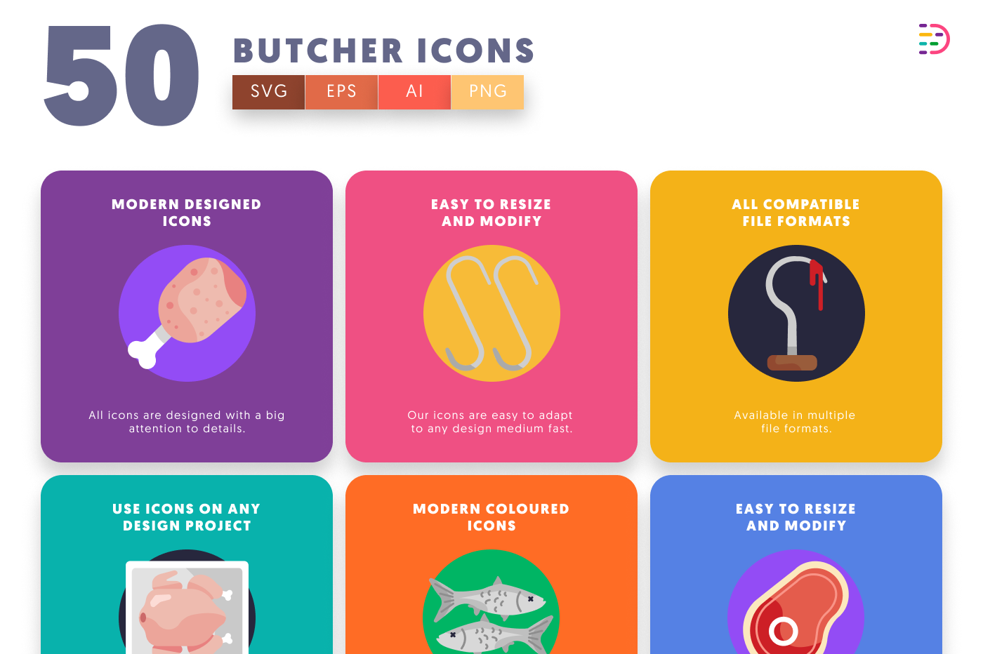 50 Butcher Icons preview 5 – flat circle icons in PNG, SVG and EPS