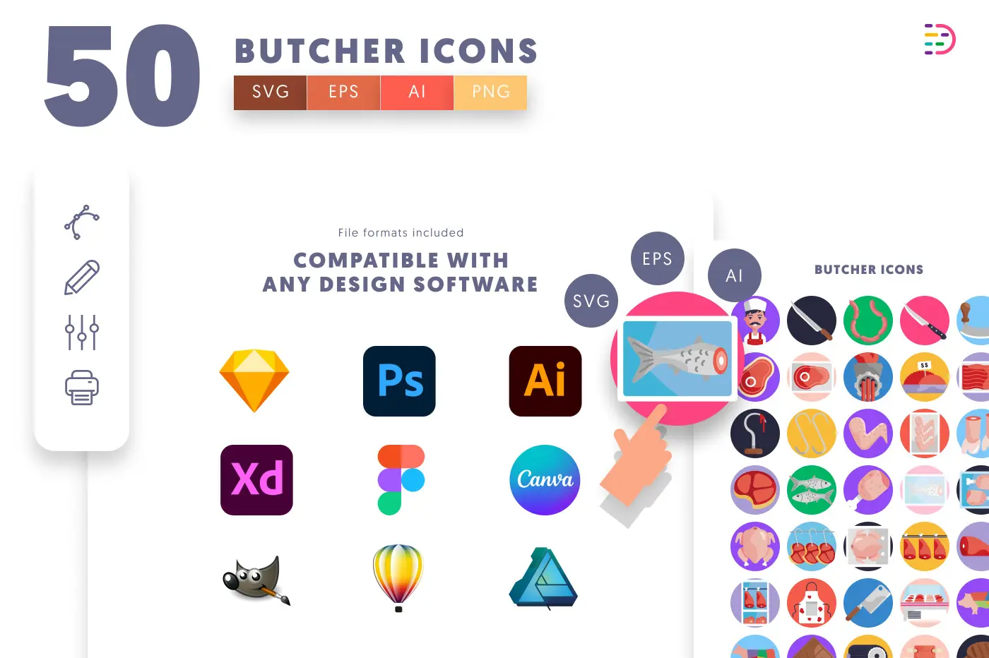 50 Butcher Icons preview 8 – flat circle icons in PNG, SVG and EPS