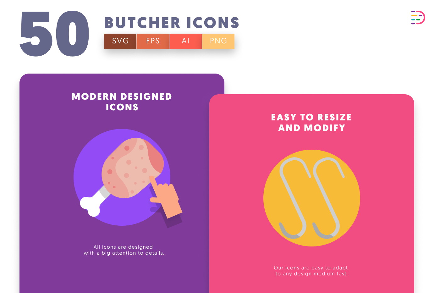 50 Butcher Icons cover – flat circle icons in PNG, SVG and EPS