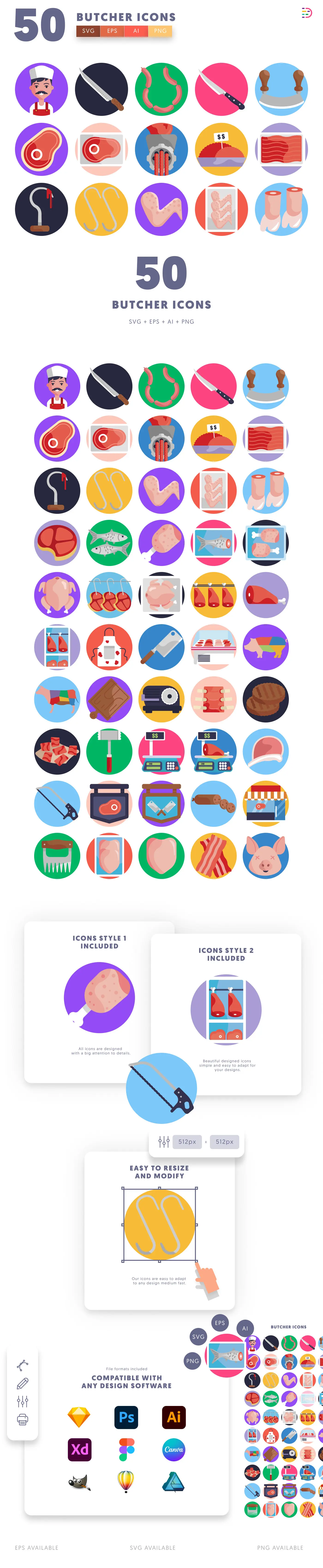50 Butcher Icons cover – flat circle icons in PNG, SVG and EPS