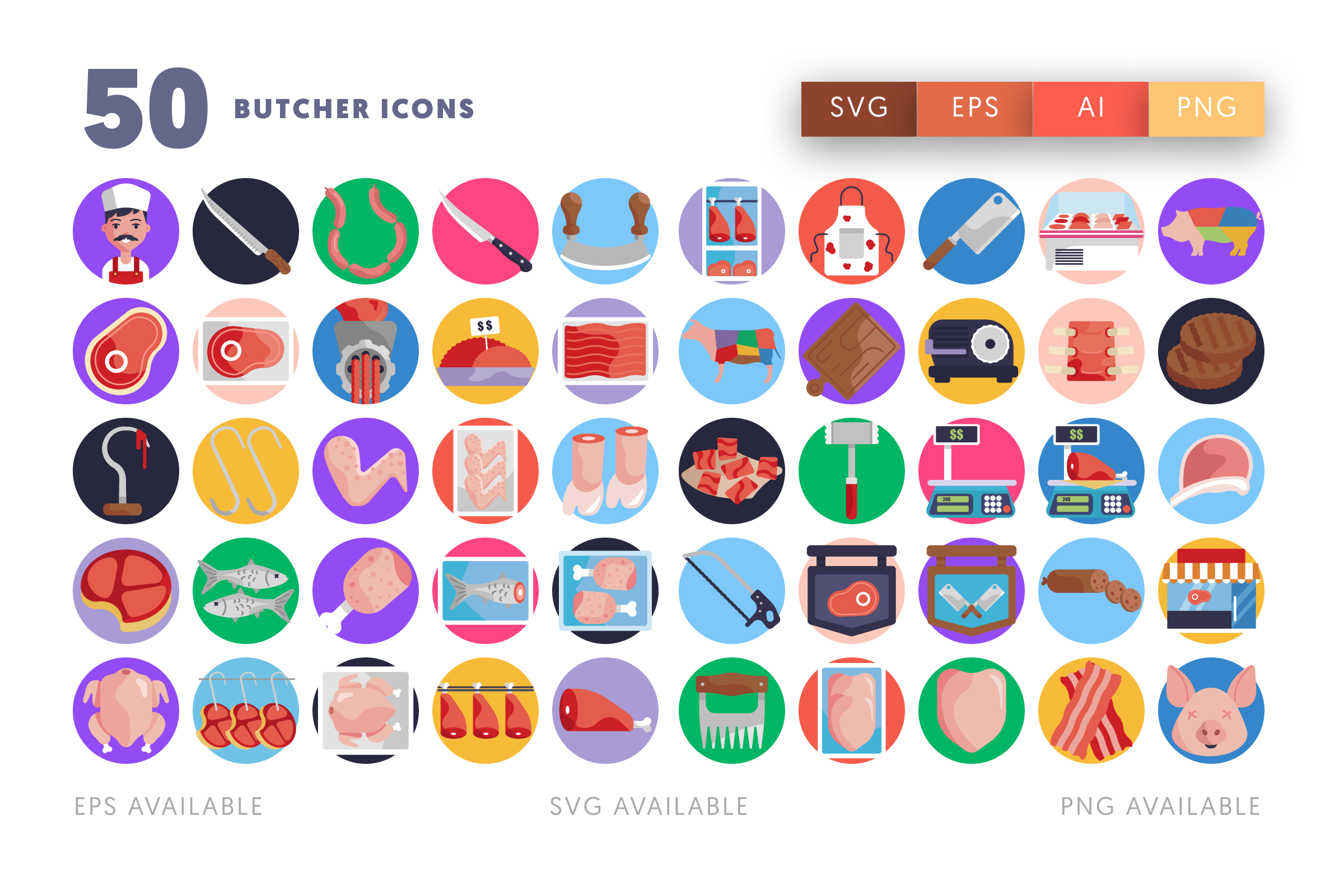 50 Butcher Icons – flat circle icon set