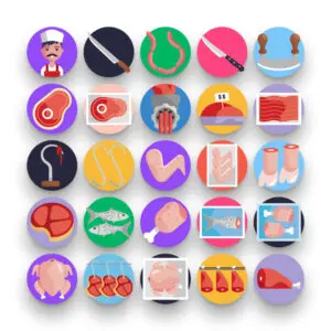 50 Butcher Icons – set of colorful flat circle icons