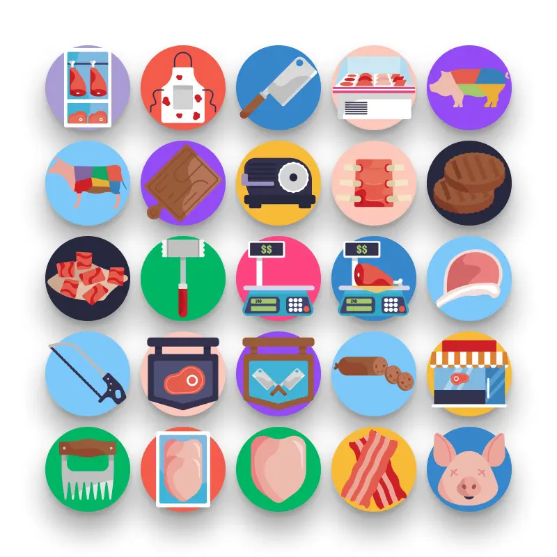 50 Butcher Icons – set of colorful flat circle icons