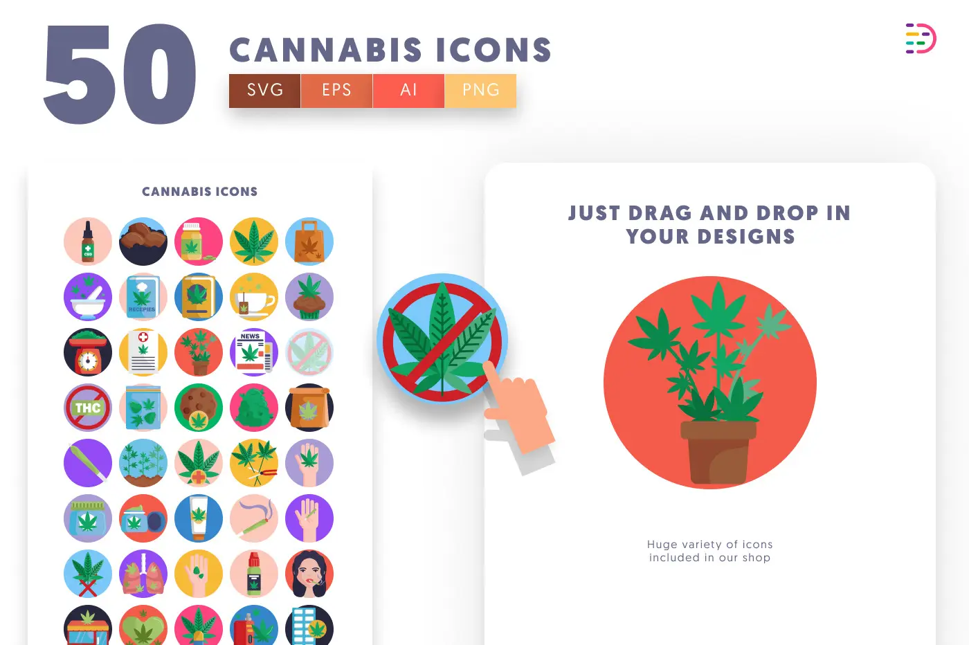 50 Cannabis Icons preview 1 – flat circle icons in PNG, SVG and EPS