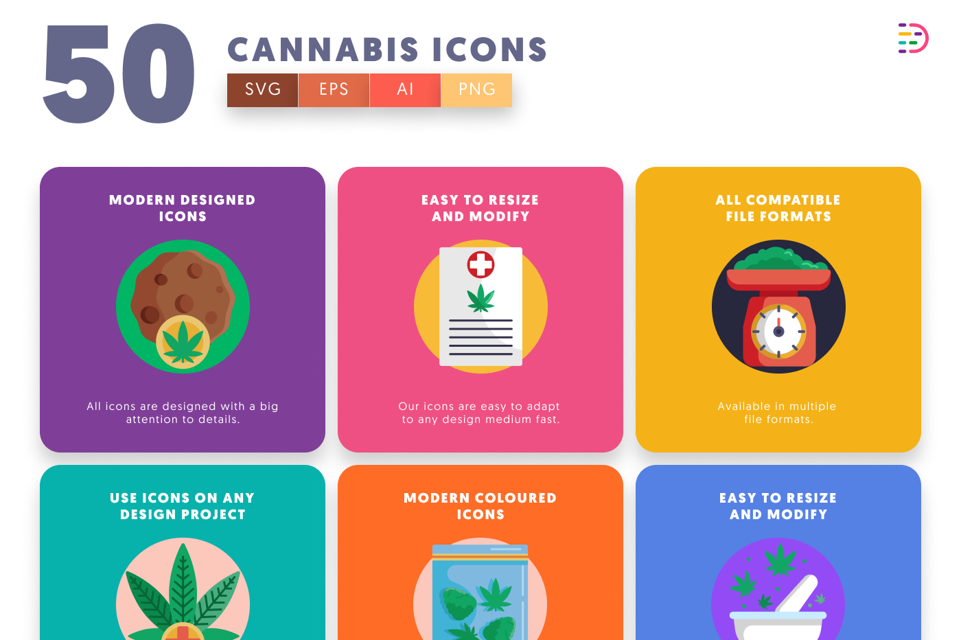 50 Cannabis Icons preview 5 – flat circle icons in PNG, SVG and EPS