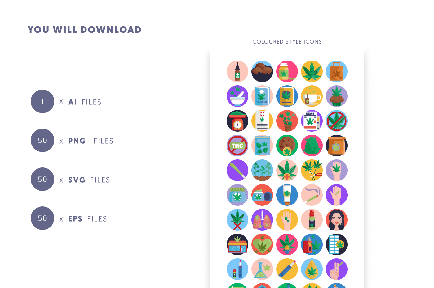 50 Cannabis Icons preview 9 – flat circle icons in PNG, SVG and EPS