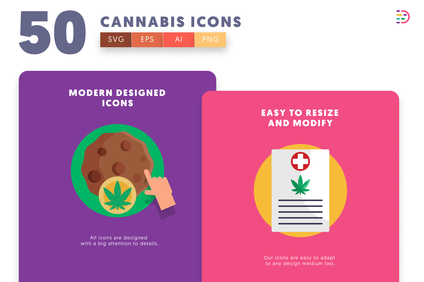 50 Cannabis Icons cover – flat circle icons in PNG, SVG and EPS