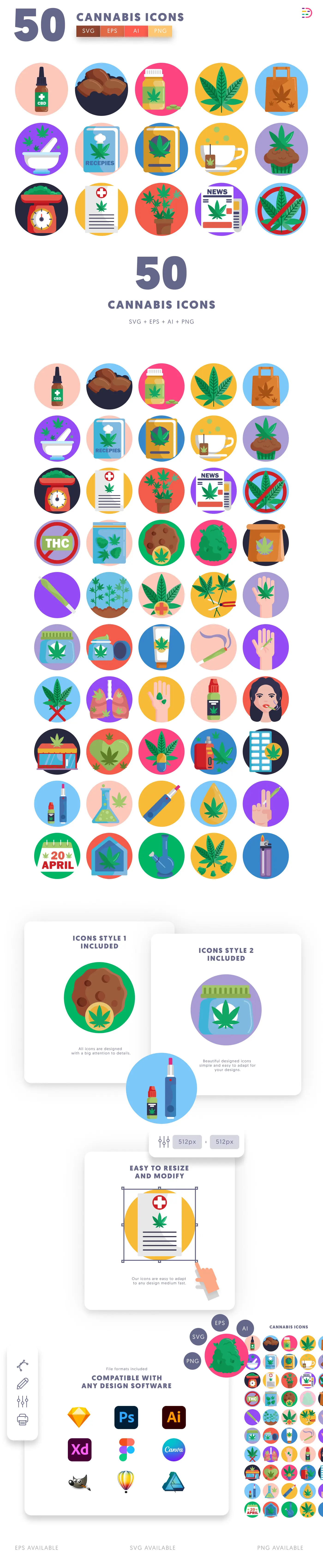 50 Cannabis Icons cover – flat circle icons in PNG, SVG and EPS