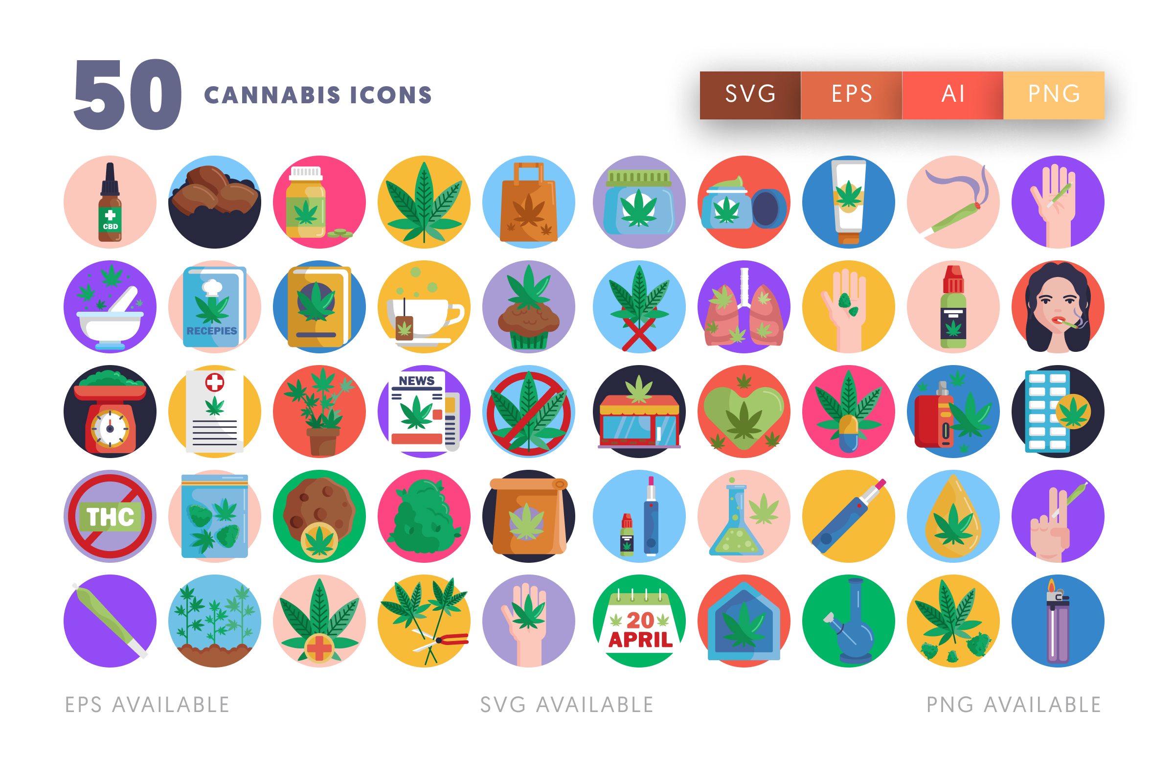 50 Cannabis Icons – flat circle icon set