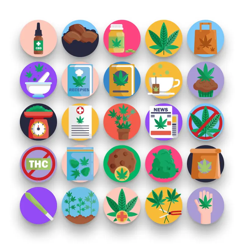 50 Cannabis Icons – set of colorful flat circle icons