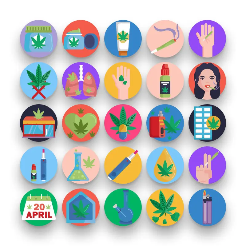 50 Cannabis Icons – set of colorful flat circle icons