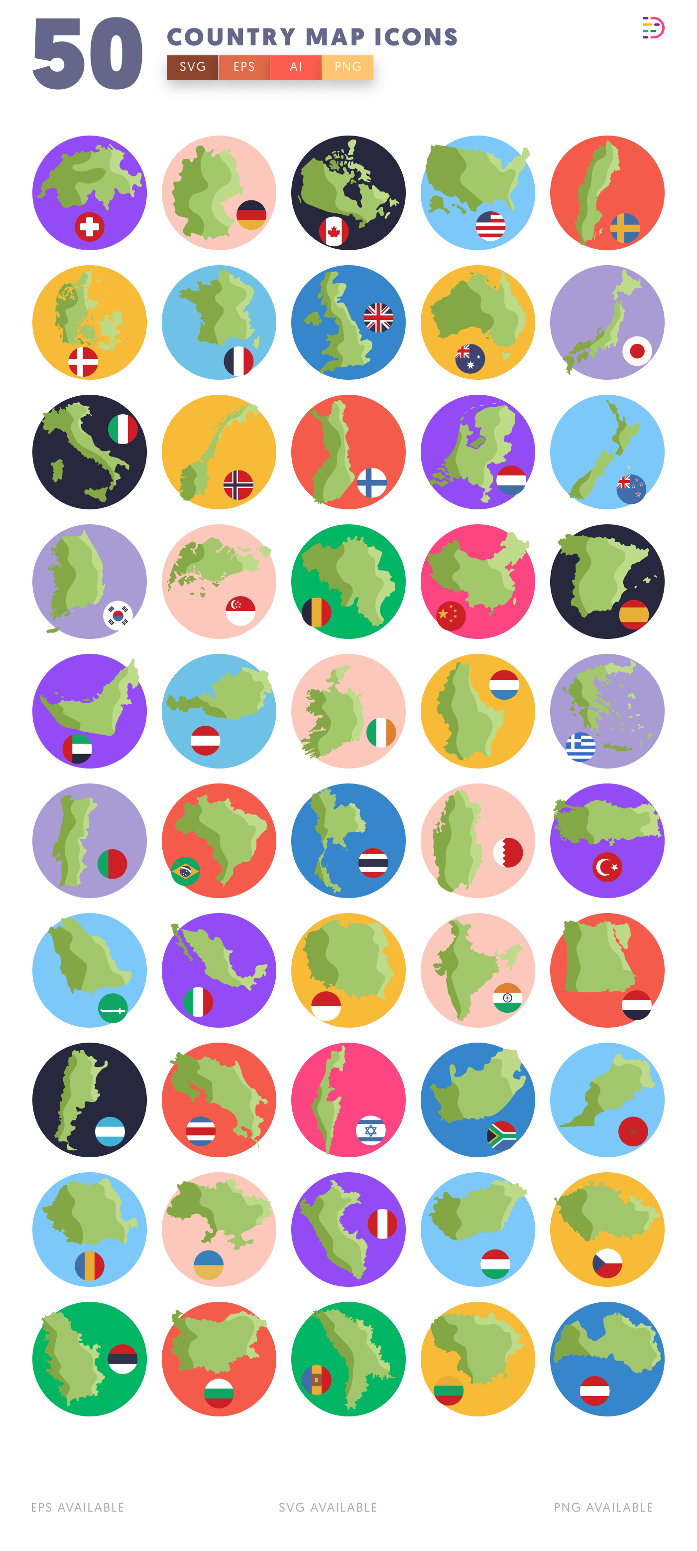 50 Country Map Icons – all icons in the set