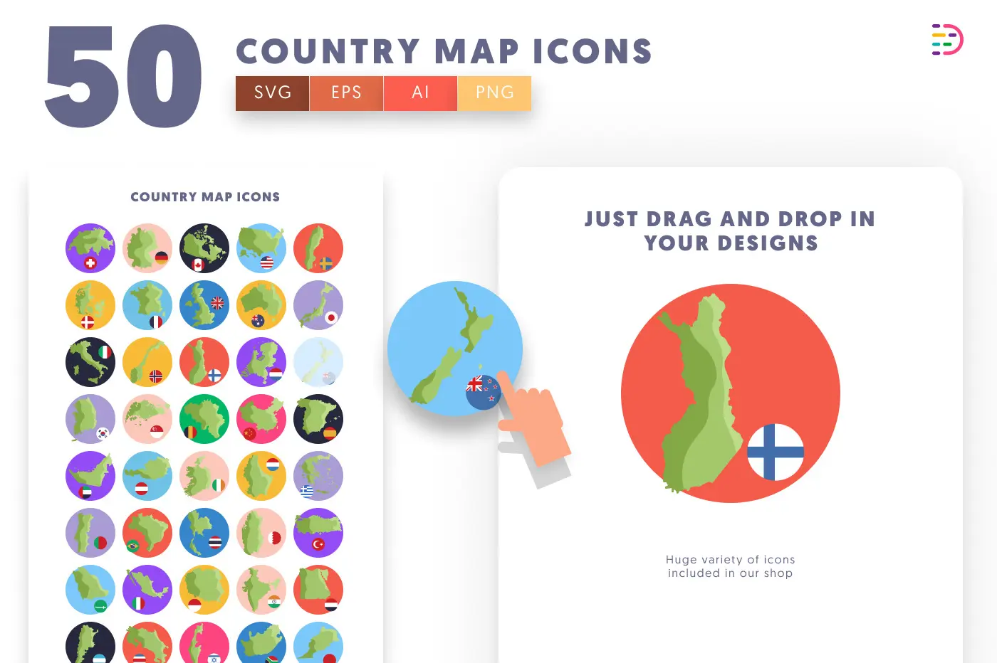 50 Country Map Icons preview 1 – flat circle icons in PNG, SVG and EPS