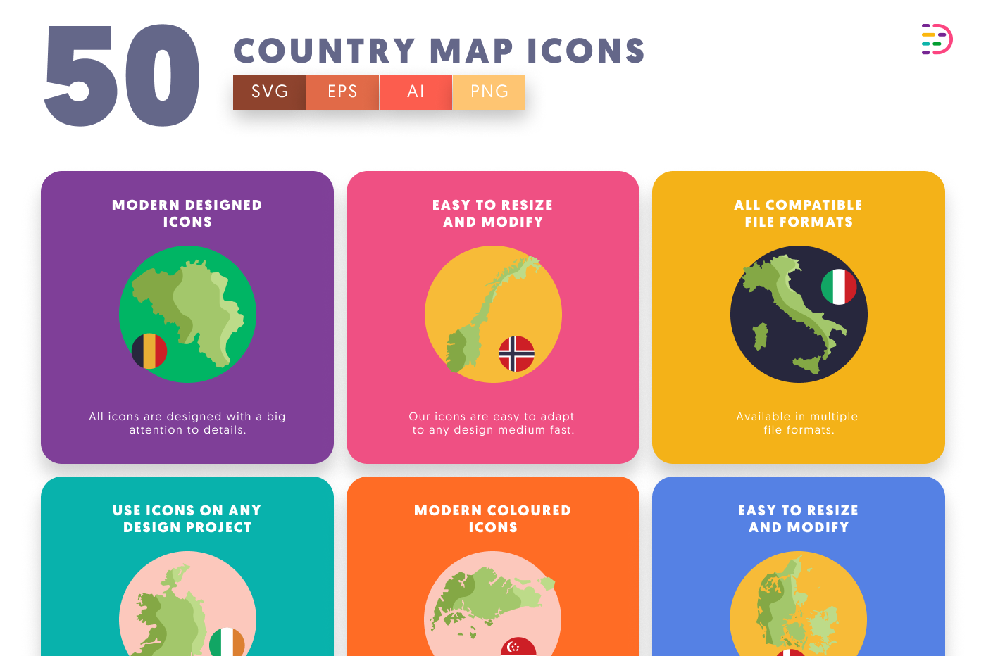 50 Country Map Icons preview 5 – flat circle icons in PNG, SVG and EPS