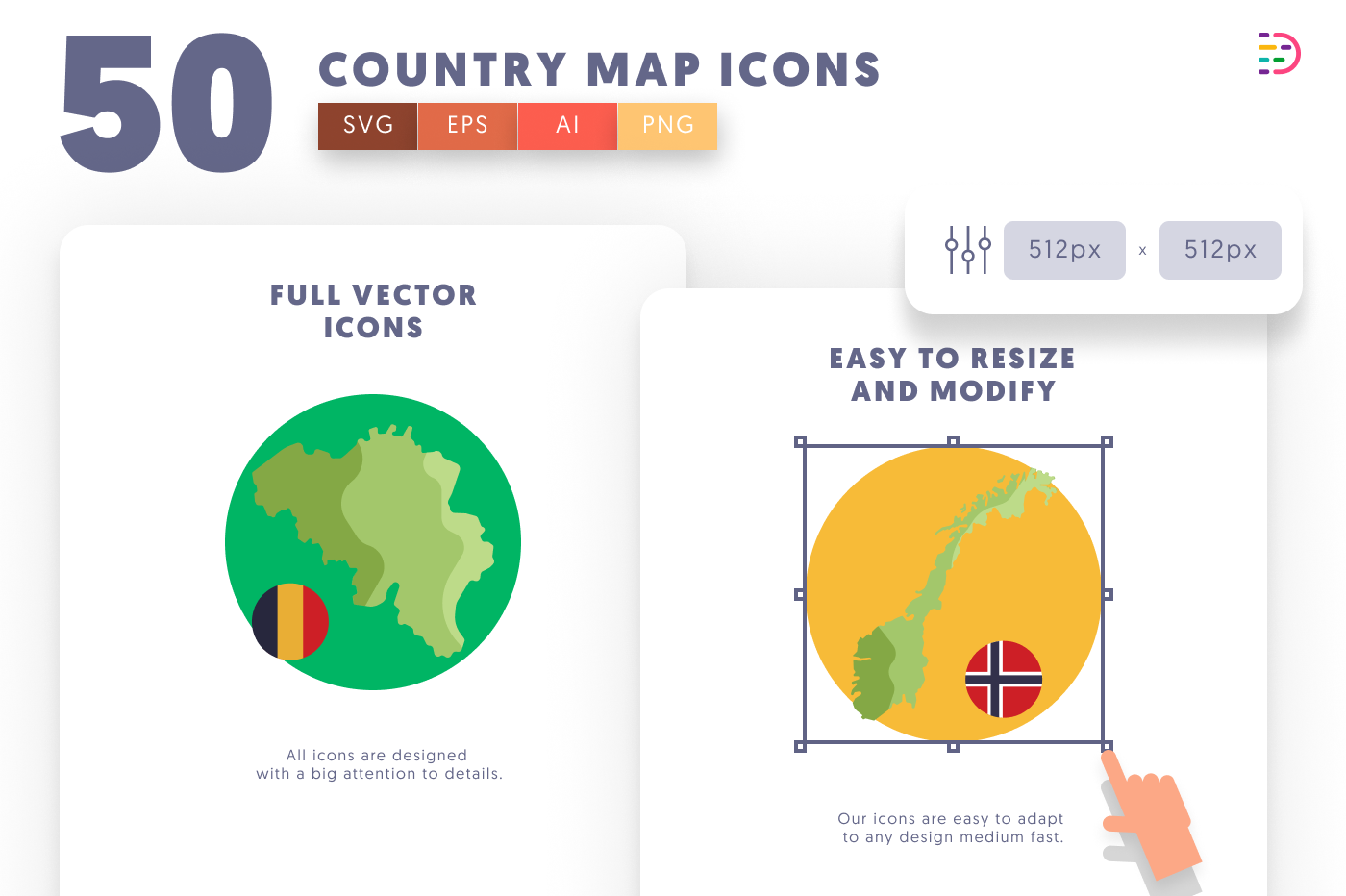 50 Country Map Icons preview 6 – flat circle icons in PNG, SVG and EPS