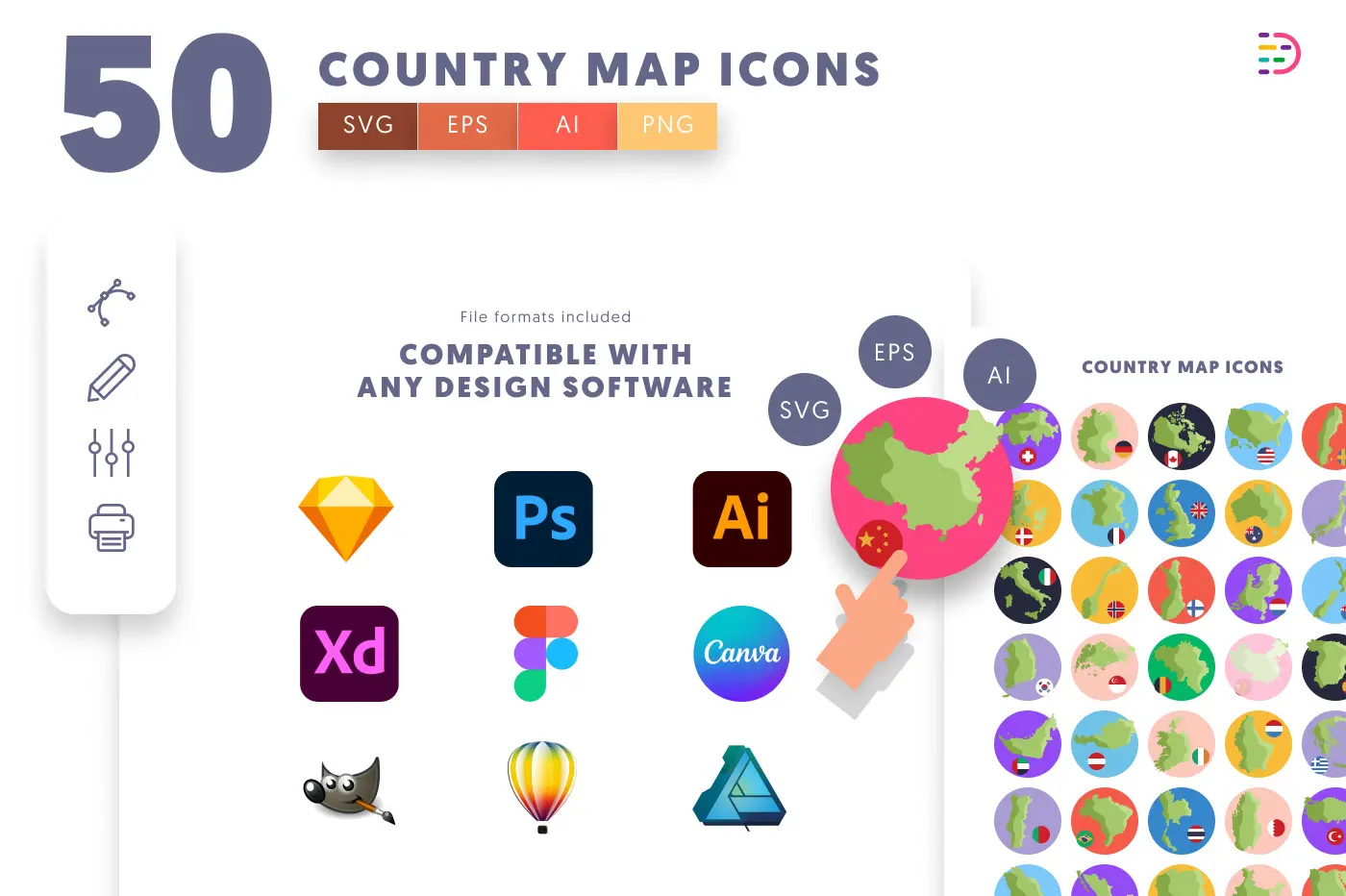 50 Country Map Icons preview 8 – flat circle icons in PNG, SVG and EPS