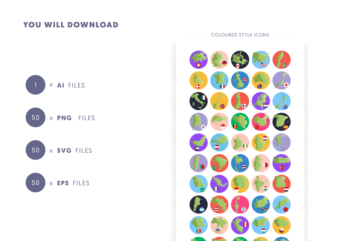 50 Country Map Icons preview 9 – flat circle icons in PNG, SVG and EPS