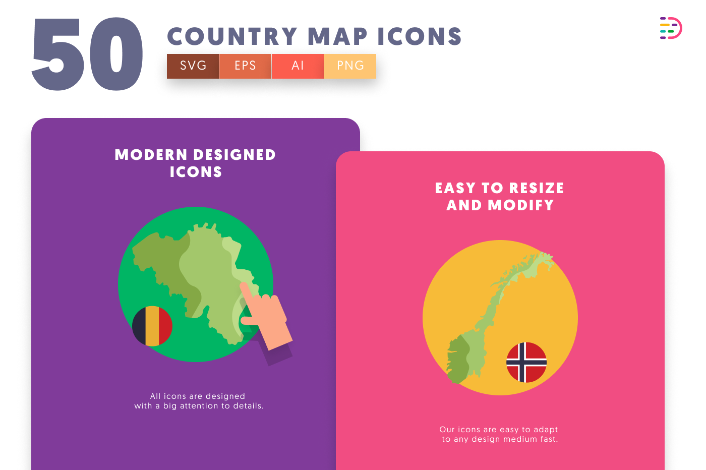 50 Country Map Icons cover – flat circle icons in PNG, SVG and EPS