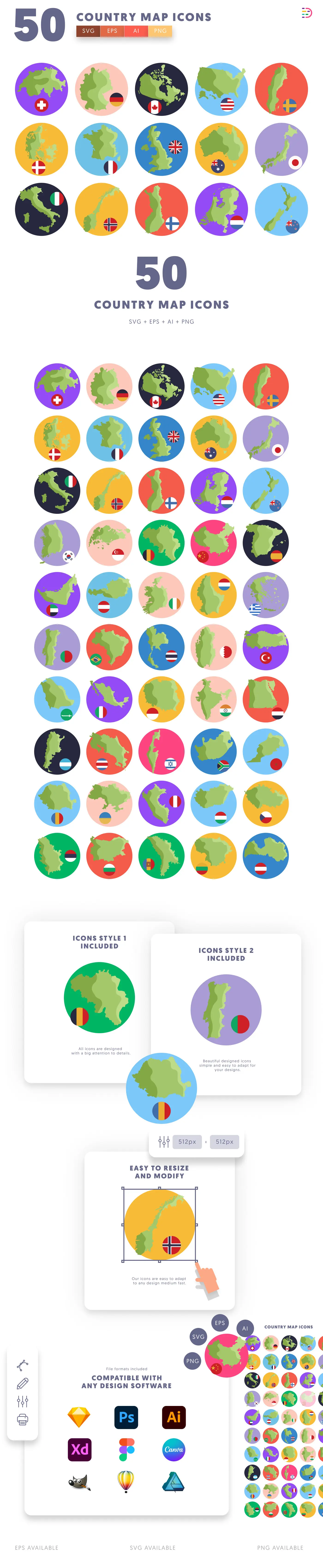 50 Country Map Icons cover – flat circle icons in PNG, SVG and EPS