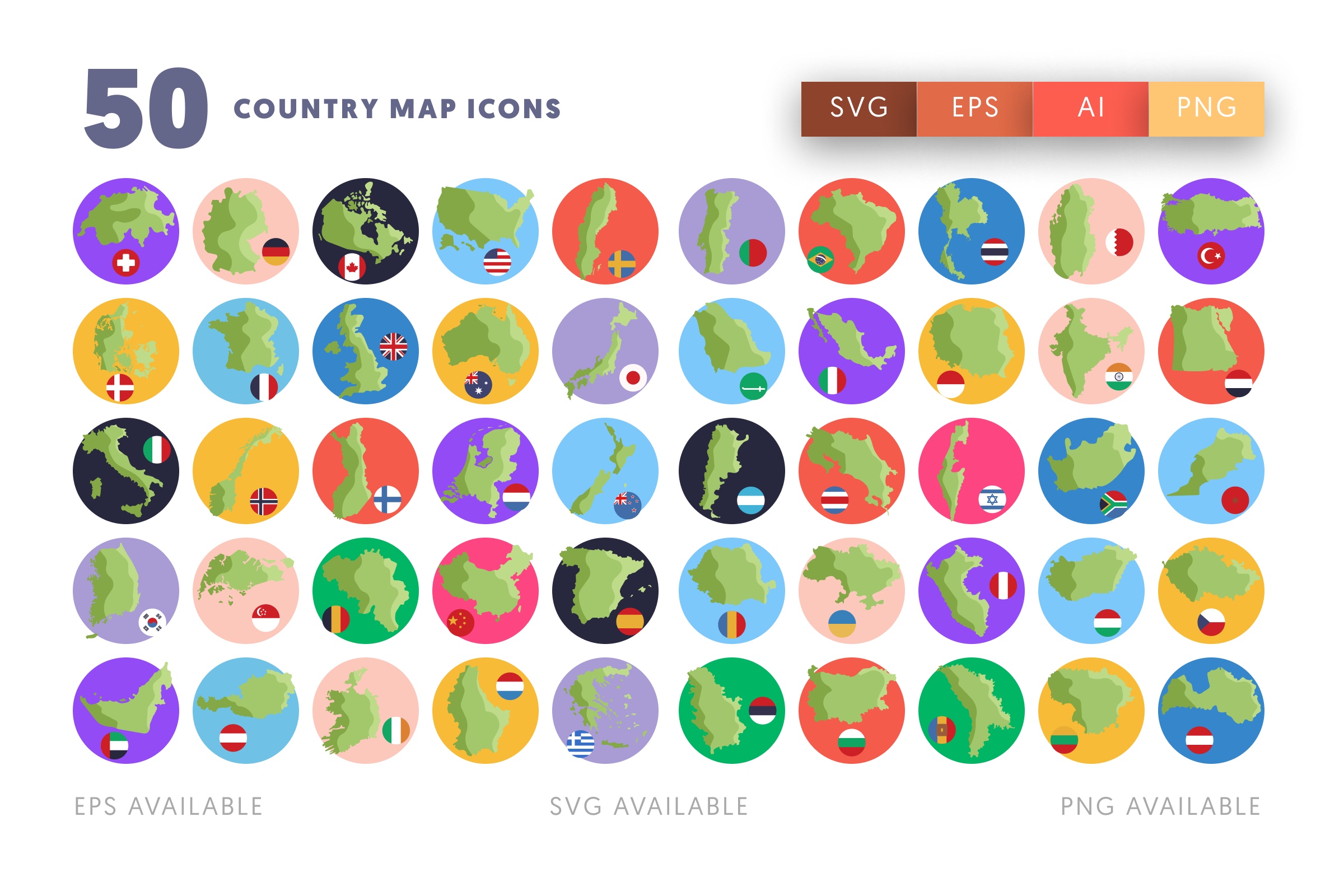 50 Country Map Icons – flat circle icon set