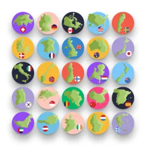 50 Country Map Icons – set of colorful flat circle icons