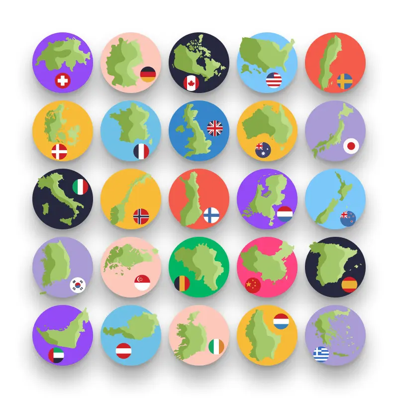 50 Country Map Icons – set of colorful flat circle icons
