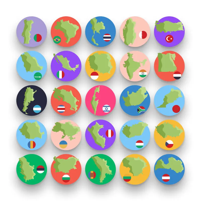 50 Country Map Icons – set of colorful flat circle icons
