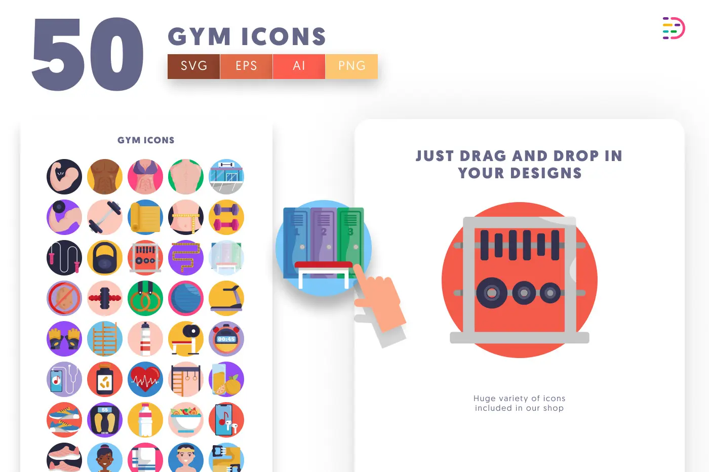 50 Gym Icons preview 1 – flat circle icons in PNG, SVG and EPS