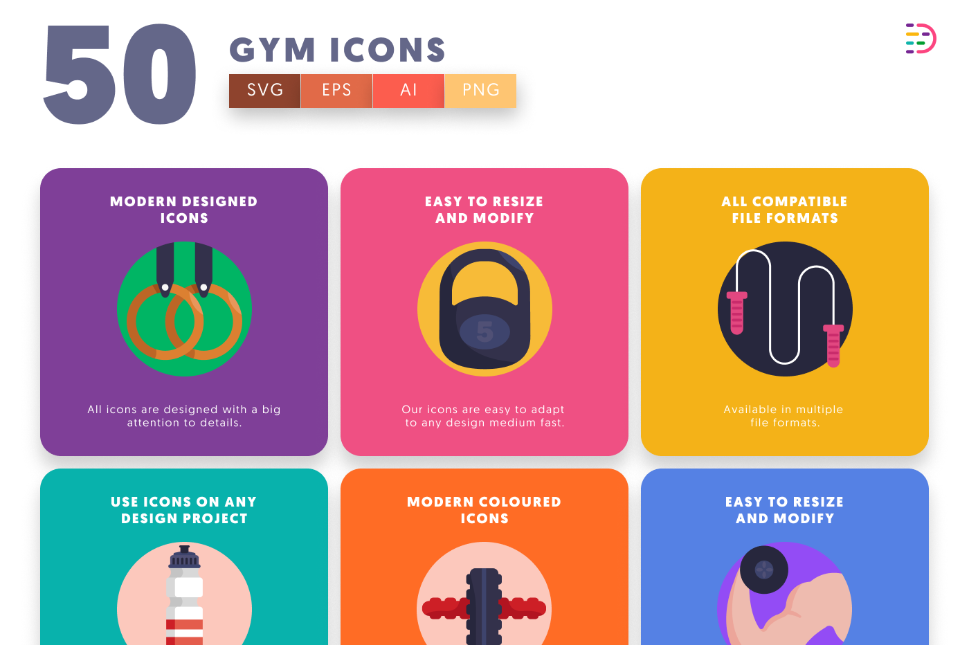 50 Gym Icons preview 5 – flat circle icons in PNG, SVG and EPS